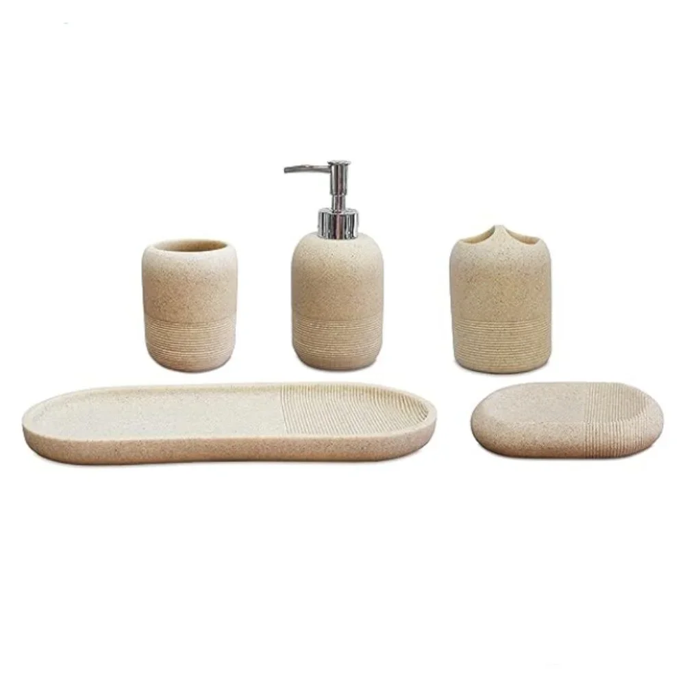 5 pc - Bathroom Accessory Set - Bathroom Decor (Natural/Stone)